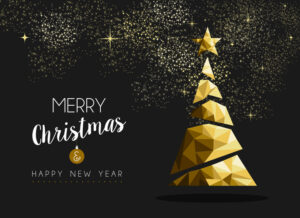Schwarzer Hintergrund, goldener Christbaum mit vielen goldenen Sternen am oberen Bildrand. Darunter der Schriftzug in weiß: "Merry Christmas & Happy New Year"